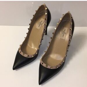 Valentino Black Leather Rockstud Nude Trim Pointed Toe Heels